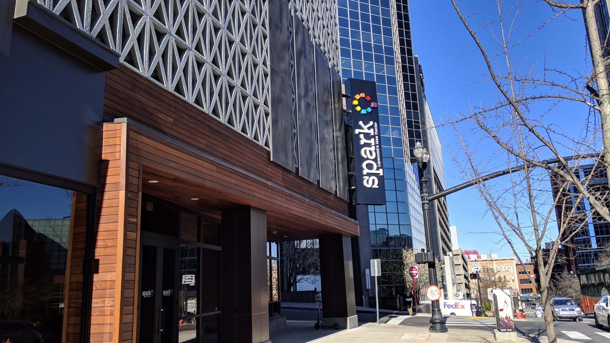 Photo from 2019 of the exterior of Lipscomb Spark Center in Downtown Nashville