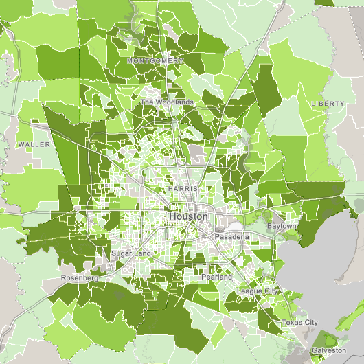 Map showing census tract-level population change in the Houston, TX area