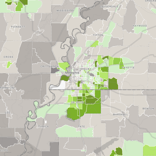 Map showing census tract-level population change in the Memphis Metropolitan area