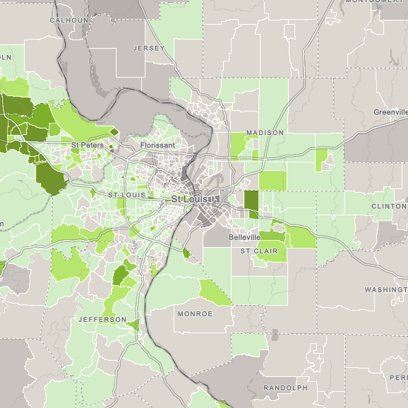 Map showing census tract-level population change in the St Louis Metropolitan area