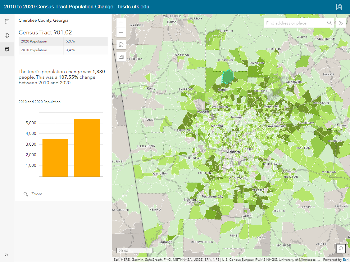 Screenshot of interactive map of population change between 2010 and 2010