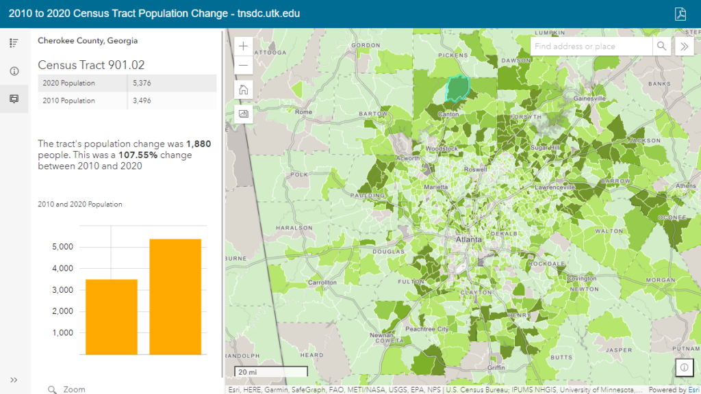 TNSDC interactive web map showing 2010 to 2020 population change by census tract in the U.S.