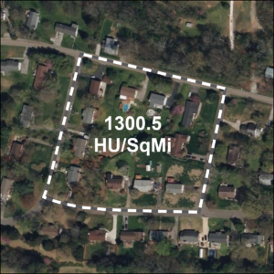 Aerial photo of housing unit density showing an area just over 1275 housing units per square mile