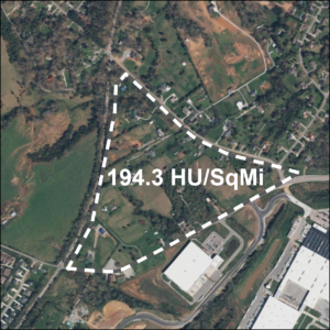 Aerial photo of housing unit density showing an area with less than 200 housing units per square mile