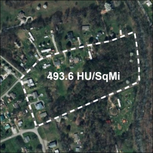 Aerial photo of housing unit density showing an area just over 425 housing units per square mile